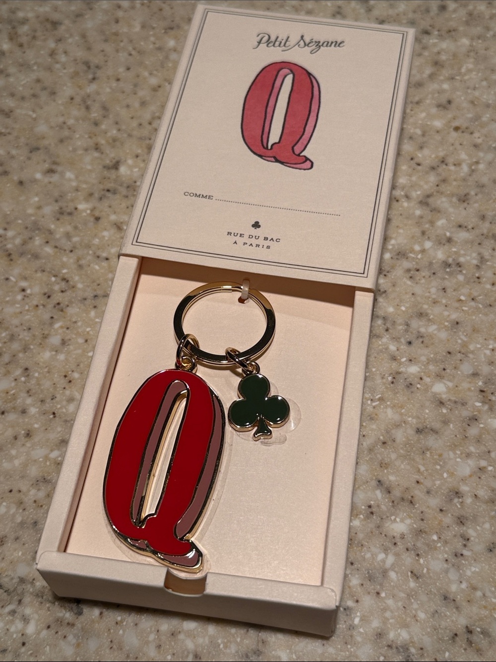 Sézane Red 'Q' Keychain with Green Clover Charm